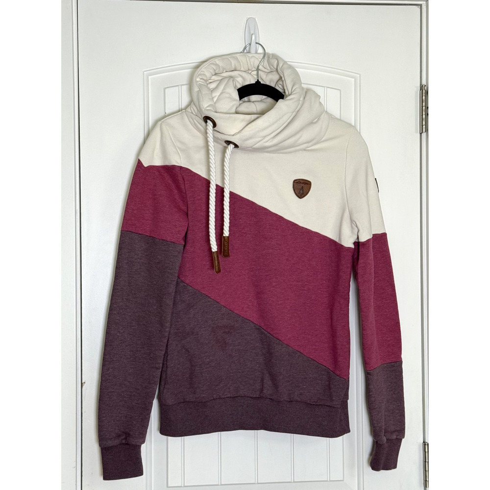 Wanakome Women's Small Cowl Neck Hoodie Leather Accents, Tri Color Asymetric